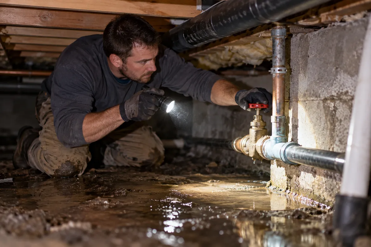 Plumber kneeling in a residential crawl space shutting off a main water valve with a flashlight, wet floor, emergency plumber in Greensboro, NC